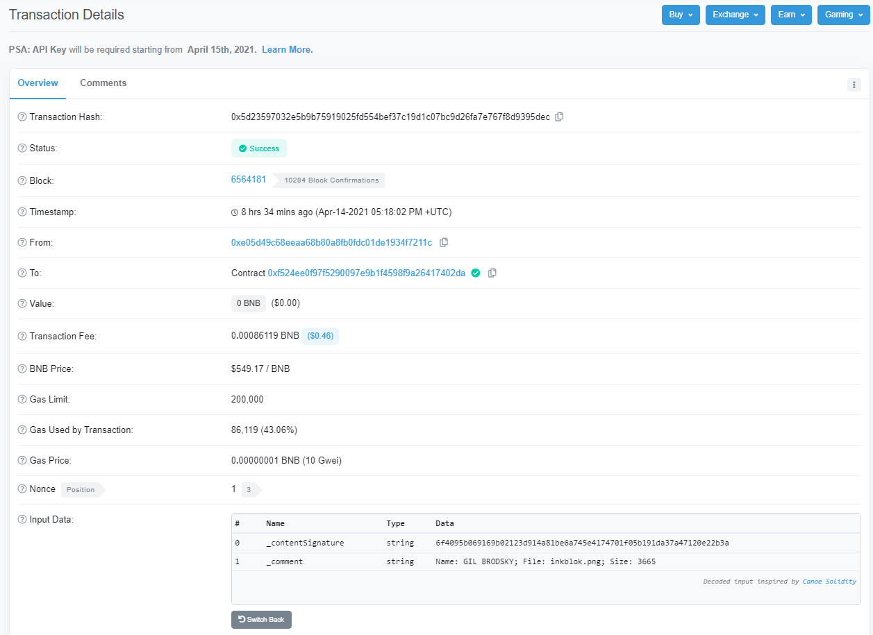 binance smart contract blockchain transaction from inkblok